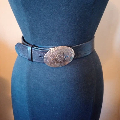 Old Navy Women’s Black Leather Tooled Belt - Silver Buckle 33" -37" Waist - Image 1 of 4