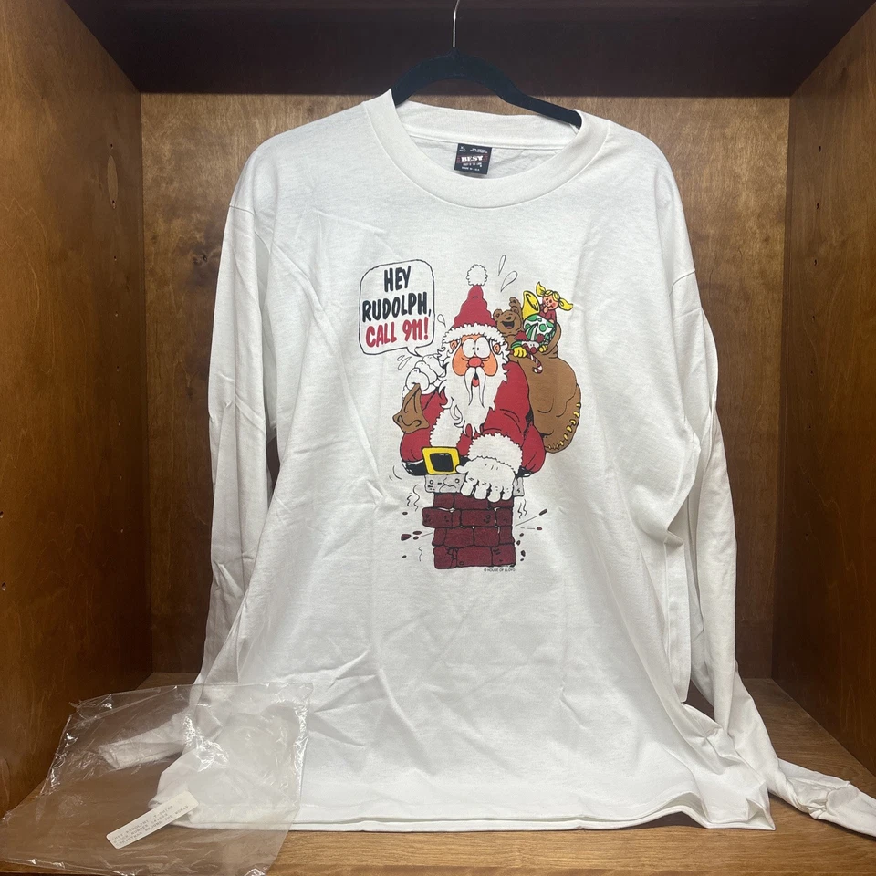 New Santa Claus T Shirt Mens XL Humor Rudolph Call 911 Christmas Vintage - Image 1 of 4