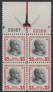 US Scott #834 MNH VF Plate Arrow Block con 2# $5 Prexie Carmine & Rose SCV $325 - Foto 1 di 2