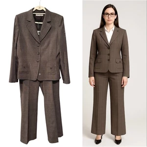 NEU Tahari 14 karierter Hosenanzug Wollmischung $ 399 weites Bein 3 Knöpfe Blazer taupe Arbeit - Bild 1 von 14
