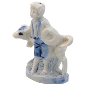 Vintage Blau & Weiß Porzellan Junge mit Kalb Figur Germany - Bild 1 von 12