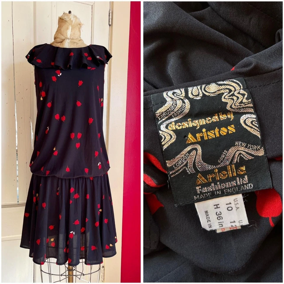 Vestido de día vintage años 70 Aristos Carnaby Street estilo años 30 cintura caída XS/S Foto 1 de 4