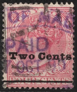 SG209 Sn:#150 1888 used 2 cents on 4 cents CEYLON  Queen Victoria - surcharged - Picture 1 of 2