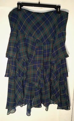Lauren Ralph Lauren Green Belair Tartan Plaid Tiered Chiffon Layer Midi Skirt 14 - Image 1 of 4