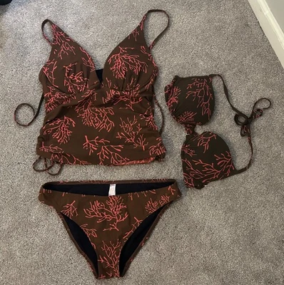 Traje de baño Tankini/Bikini Victoria’s Secret marrón/coral 3 piezas talla mediana/34B Foto 1 de 4