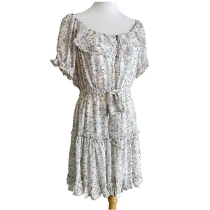 She + Sky Floral Ruffle Tiered Mini Dress Puff Sleeve Belted Size Large - Picture 1 of 10