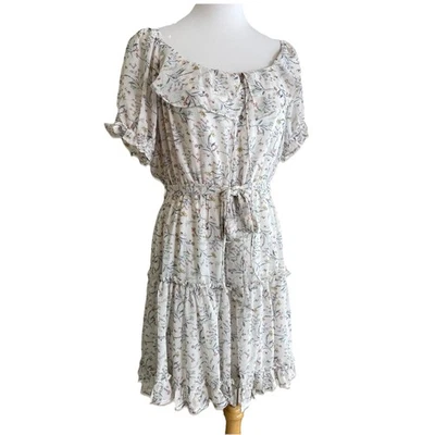 She + Sky Floral Ruffle Tiered Mini Dress Puff Sleeve Belted Size Large - Image 1 of 4