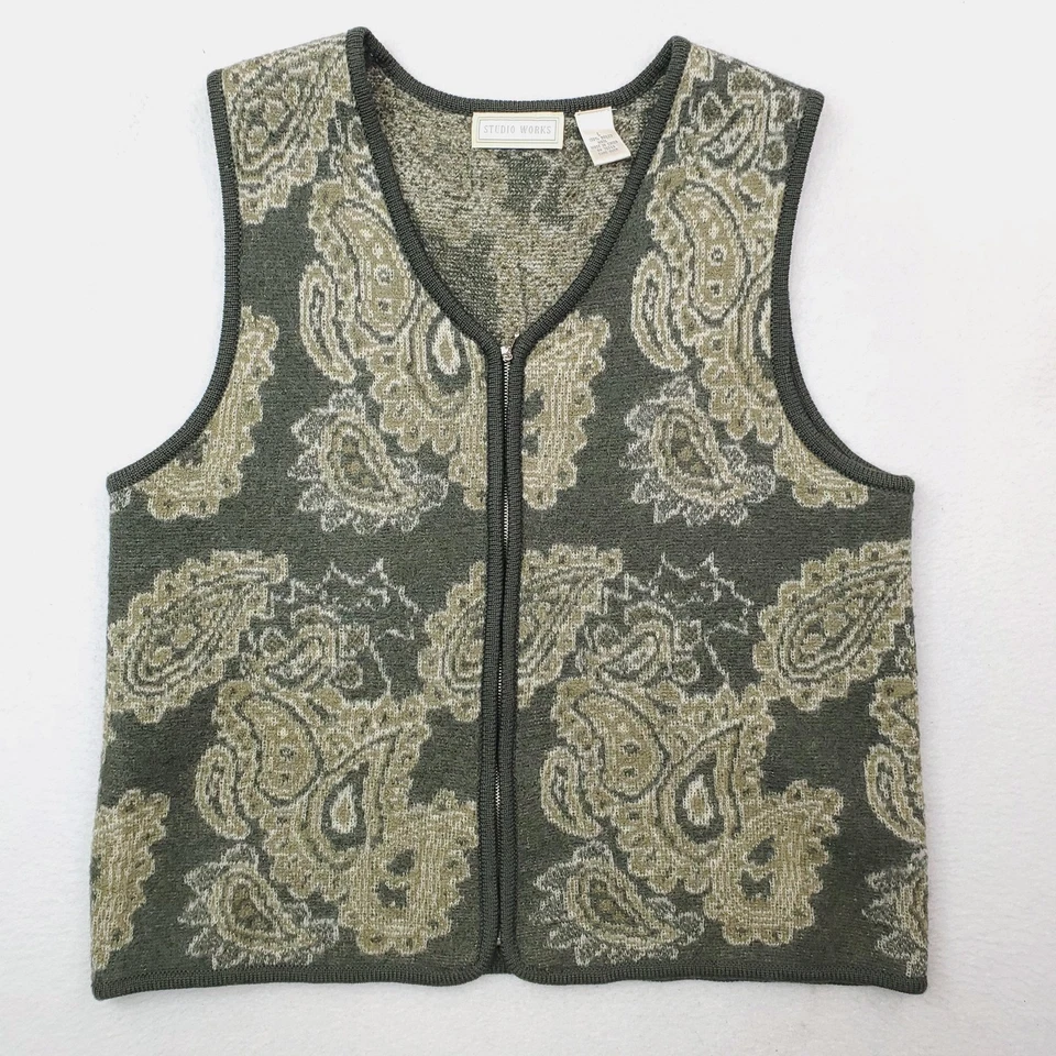 Studio Works Sweater Vest Womens Large Green Boiled Wool Zip Paisley Cottagecore - Image 1 of 4