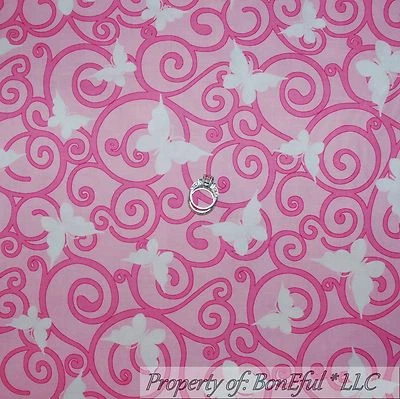 BonEful FABRIC FQ Cotton Quilt Pink White US BUTTERFLY Lady Breast Cancer Calico - Image 1 of 4