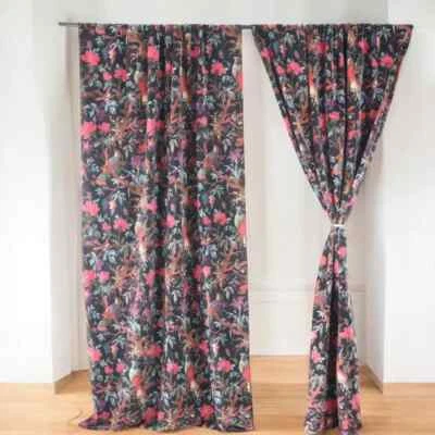 Vintage Cotton Velvet Black Color Bird Print Luxury Curtain, Boho Curtain Drapes - Image 1 of 4
