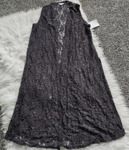 MUJER PEQUEÑO LULAROE JOY GRIS SÓLIDO LARGO SIN MANGAS PLUMERO/CARDIGAN ENCAJE - Imagen 1 de 5