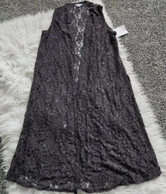 MUJER PEQUEÑO LULAROE JOY GRIS SÓLIDO LARGO SIN MANGAS PLUMERO/CARDIGAN ENCAJE Foto 1 de 4