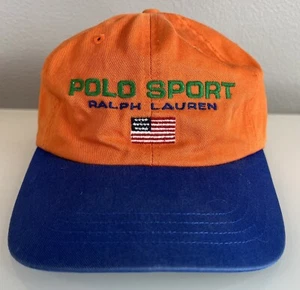Polo Sport Ralph Lauren Vintage 90s 2 Tone Sportsman Hat Spellout- Orange & Blue - Picture 1 of 11