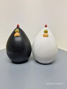 Decor Egg Shaped Chicken Figurine 5" Tall Ceramic Black White Farmhouse Set of 2 - Picture 1 of 8