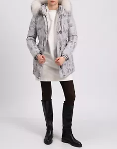 RRP €600 WOOLRICH Down Parka Jacket Size L Grey Camouflage Fox Fur Trim Hooded - Picture 1 of 11