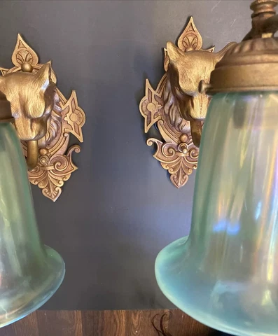Rare 1920 Spanish Art Deco Lion wall sconces with iridescent shades Cover