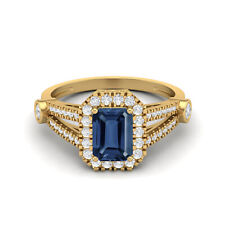 7X5MM Octagon Cut Blue Sapphire 14k Yellow Gold Split Shank Women Ring