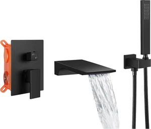 Mattschwarze Wandhalterung Wasserfall Badewannenarmatur mit Handbrause - Bild 1 von 7