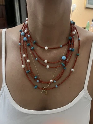collana di vero corallo perle vere e turchesi te - Immagine 1 di 3