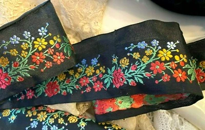 Cinta de seda bordada vintage años 40 flores 2" ribete 1yd hecho en Francia Foto 1 de 4