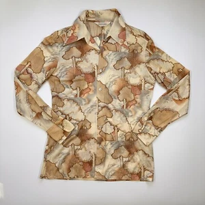 Vtg 70s Disco Button Shirt Brown Unisex Small Med MCM Mod Trees Faces Afro Retro - Bild 1 von 10