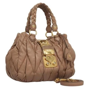 Miu Miu Matelasse Hand Bag Leather 2way Beige Gold Auth EC917 - Picture 1 of 24