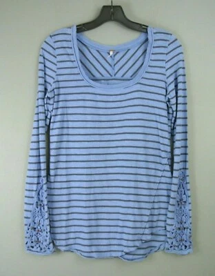 Camiseta Free People listrada azul algodão manga longa M crochê malha #227 - Imagem 1 de 4