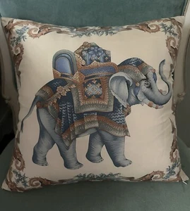 Jim Thompson Thai Silk Throw Pillow Blue Elephant Cream 16” Square India - Picture 1 of 16