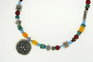 Colorful Beads & Stones Necklace Red Amber Turquoise Ancient Design Coin Danon - Picture 1 of 1