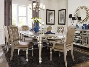 Traditional Silver Pearl Finish 7pcs Kitchen Dining Room Table & Chairs Set IC67 - Picture 1 of 3