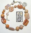 Vtg Signed Chunky Gray & Coral Pink Dragon Vein Agate & Cultured Pearl Necklace
