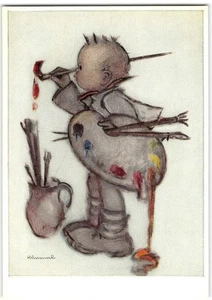Artist-Signed HUMMEL Artist Boy Painting Mueller 4x6 Comic Vintage Postcard - Picture 1 of 2