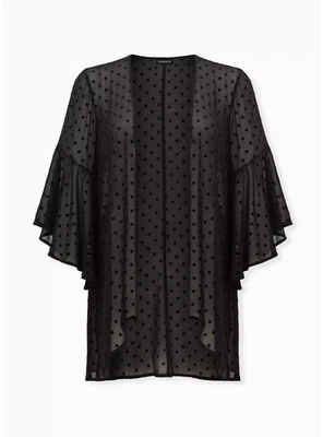 全新无标签 Torrid 网眼雪纺 Midi 和服绒波尔卡圆点 0 码黑色女巫 — 第 1/4 张图片