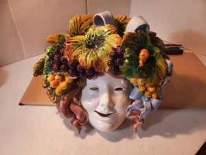 Italian Handmade Bacchus Face Wall Mask w/ Fruit & Grape Leaves Majolica Large - Picture 1 of 17