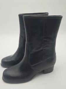 Vintage Black Mid-Calf Leather Boots Women’s Size 8 Lined Warm Block Heel Retro - Picture 1 of 4