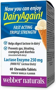 Webber Naturals Dairy Again Lactase Enzyme 250mg, 60 chewable tabs - Picture 1 of 2