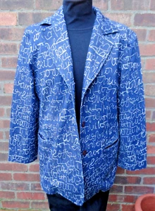 Vintage Stretrch Cotton Blazer Jacket Blue White Script Print Pockets 38/10 - Picture 1 of 9