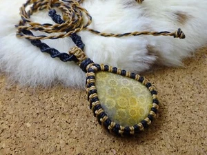 Macrame Necklace Indonesia AAA Fossil Cab 2 Side Gemstone Handcut Hand Polished - Picture 1 of 3