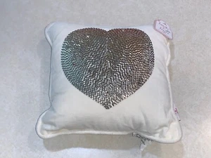 Hearts & Kisses Valentines Day Beige Silver Heart Beaded Pillow 12" x 12" New - Picture 1 of 6