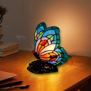 Tiffany Table Lamp Butterfly Shade Stained Glass Desk Light Vintage Table Light - Picture 1 of 11