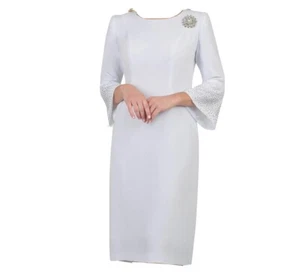 Lily & Taylor Crepe Dress W/Flare Rhinestone Sleeve & Broach White Size 16 - Picture 1 of 8
