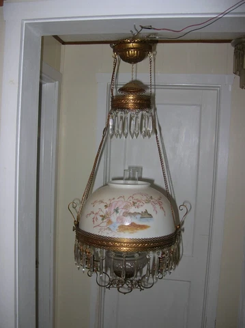 Antique Hanging Oil Lamp Ornate Brass Victorian Ceiling Parlor Library Electric Cover