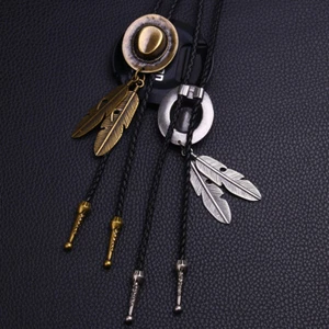 Vintage Western Cowboy Gold Bolo Tie Jazz Hat Feather Adjustable Necktie Mens - Picture 1 of 4