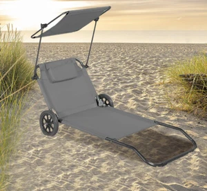 SONNENLIEGE mit Dach klappbar Strand und Transportliege Rollen Trolley grau - Bild 1 von 5