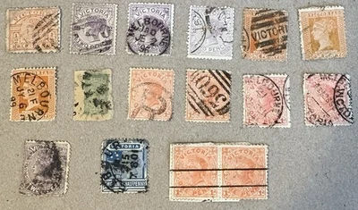 Lote surtido de 16 estampillas postales usadas de Victoria de los Estados australianos británicos Foto 1 de 2