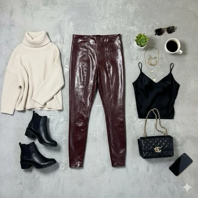 Женские небольшие леггинсы Spanx из искусственной лакированной кожи рубиновые бордовые без застежек - Изображение 1 из 4