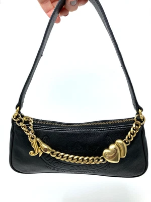 Vtg Y2K Juicy Couture Mini Shoulder Bag Purse Black Leather Brass Heart Chain PG - Image 1 of 4