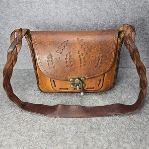 Vintage rustikale 60er Jahre verzierte Leder Blumen Satteltasche Handtasche Boho Western  - Bild 1 von 19
