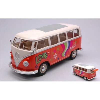 VW T1 BUS 1963 ORANGE/WHITE FLOWER POWER 1:24 Welly Auto Stradali Nouveau modèle - Photo 1/3