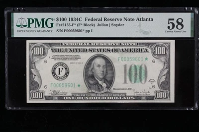 $100 1934C Mule Star PMG Choice AU 58 FRN F00059601* hundred Fr#2155-F* Atlanta - Image 1 of 4